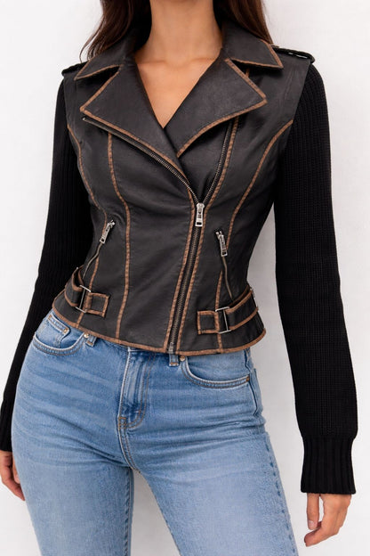 Phoenix Fusion Biker Jacket – Faux Leather & Knit Sleeves