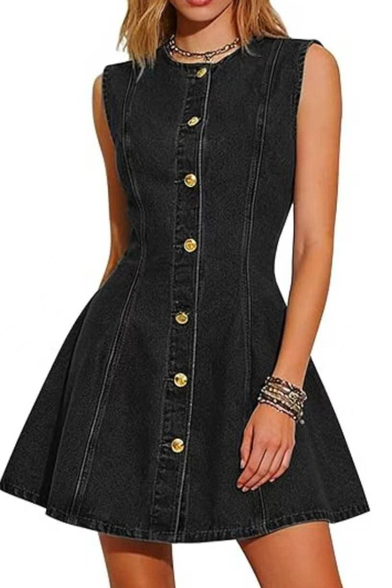 Western Denim Sleeveless Button-up Ruched Dress
