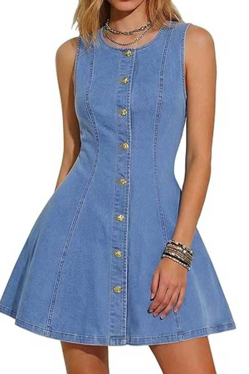 Western Denim Sleeveless Button-up Ruched Dress