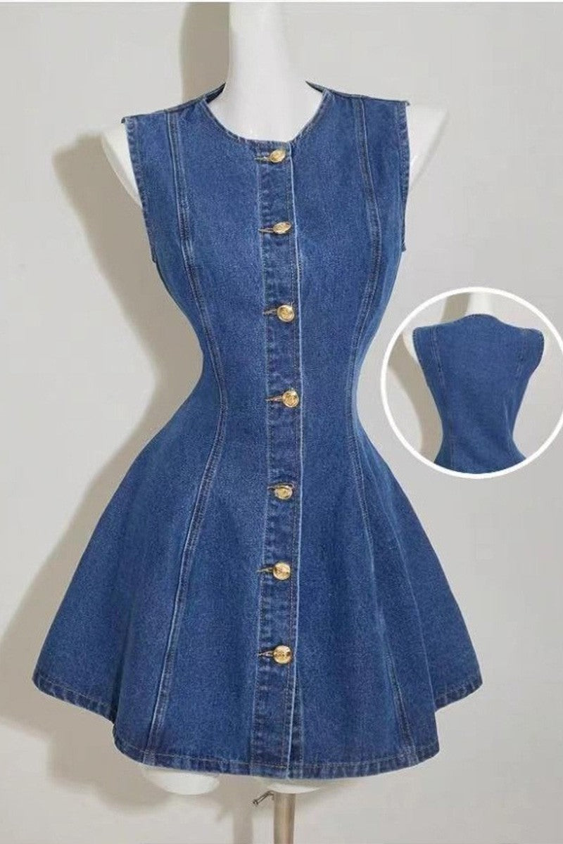 Western Denim Sleeveless Button-up Ruched Dress