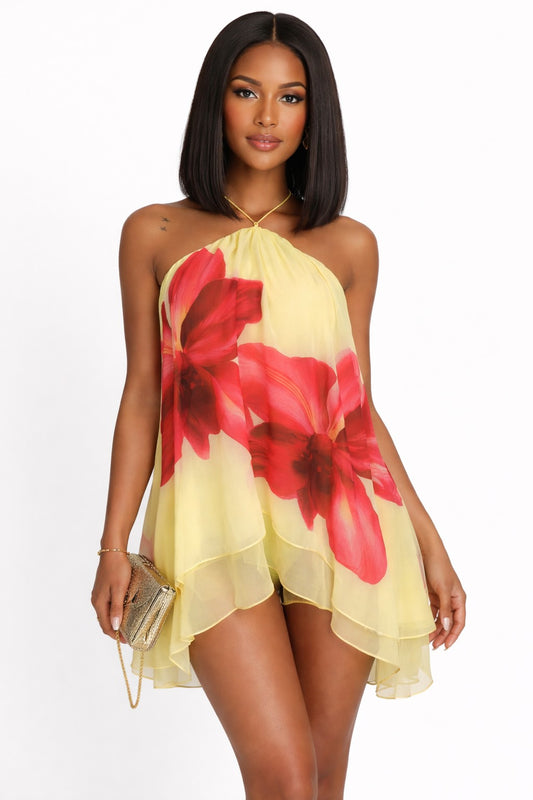 Floral Print Chiffon Halter Tie Flare Mini Dress