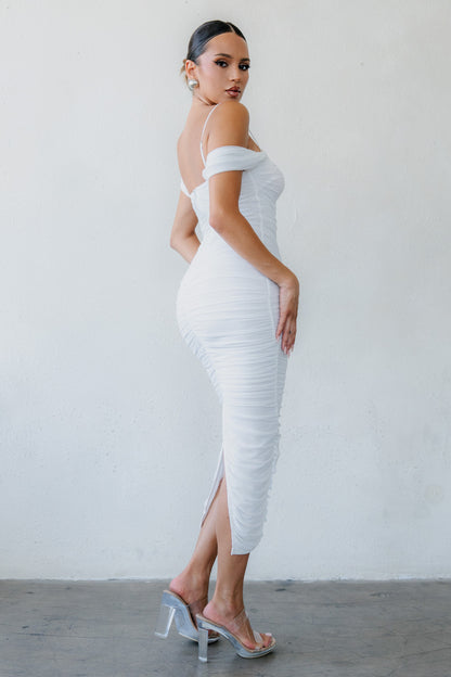 Mesh Off Shoulder Midi Dress