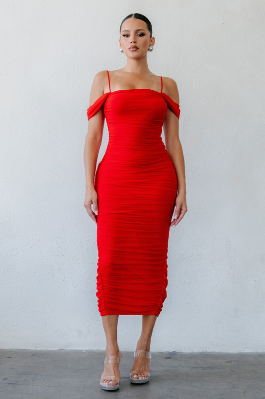 Mesh Off Shoulder Midi Dress