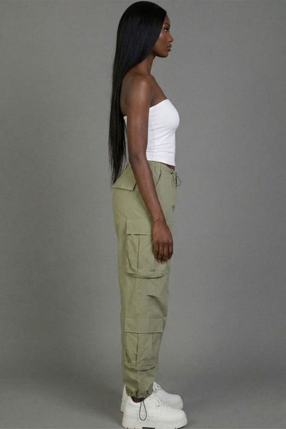 Flap Pockets Drawstring Ruched Parachute Pants