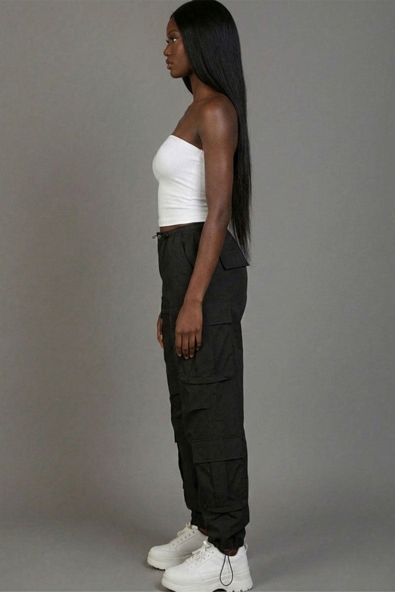 Flap Pockets Drawstring Ruched Parachute Pants