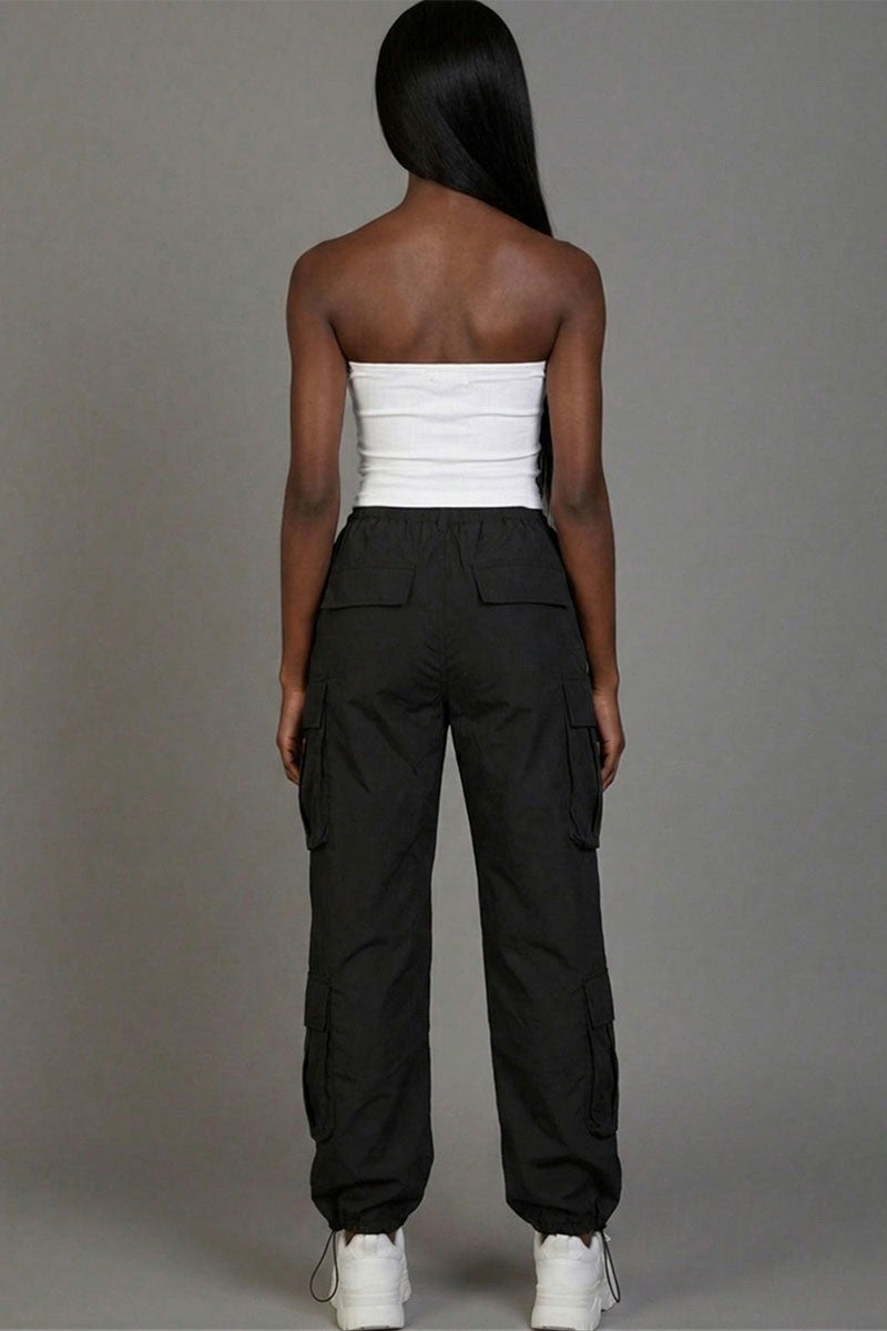 Flap Pockets Drawstring Ruched Parachute Pants