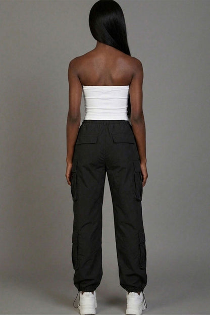 Flap Pockets Drawstring Ruched Parachute Pants
