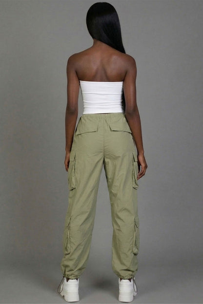 Flap Pockets Drawstring Ruched Parachute Pants
