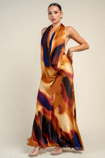 Halter Cowl Neck Maxi Open Back Dress