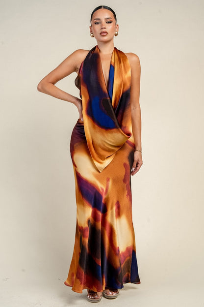 Halter Cowl Neck Maxi Open Back Dress