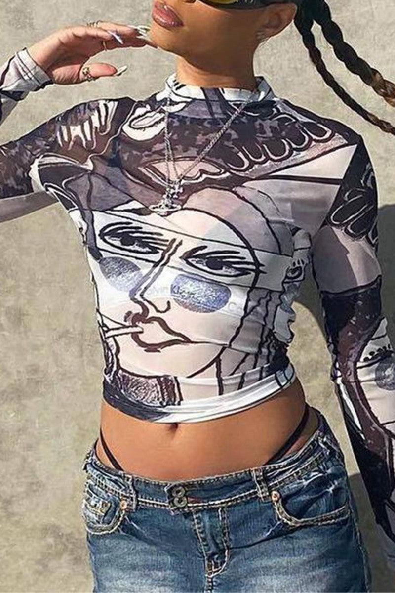 Abstract Print Mock Neck Top