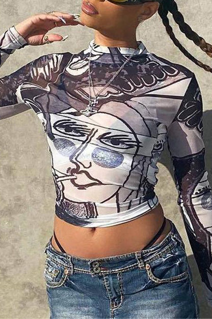 Abstract Print Mock Neck Top