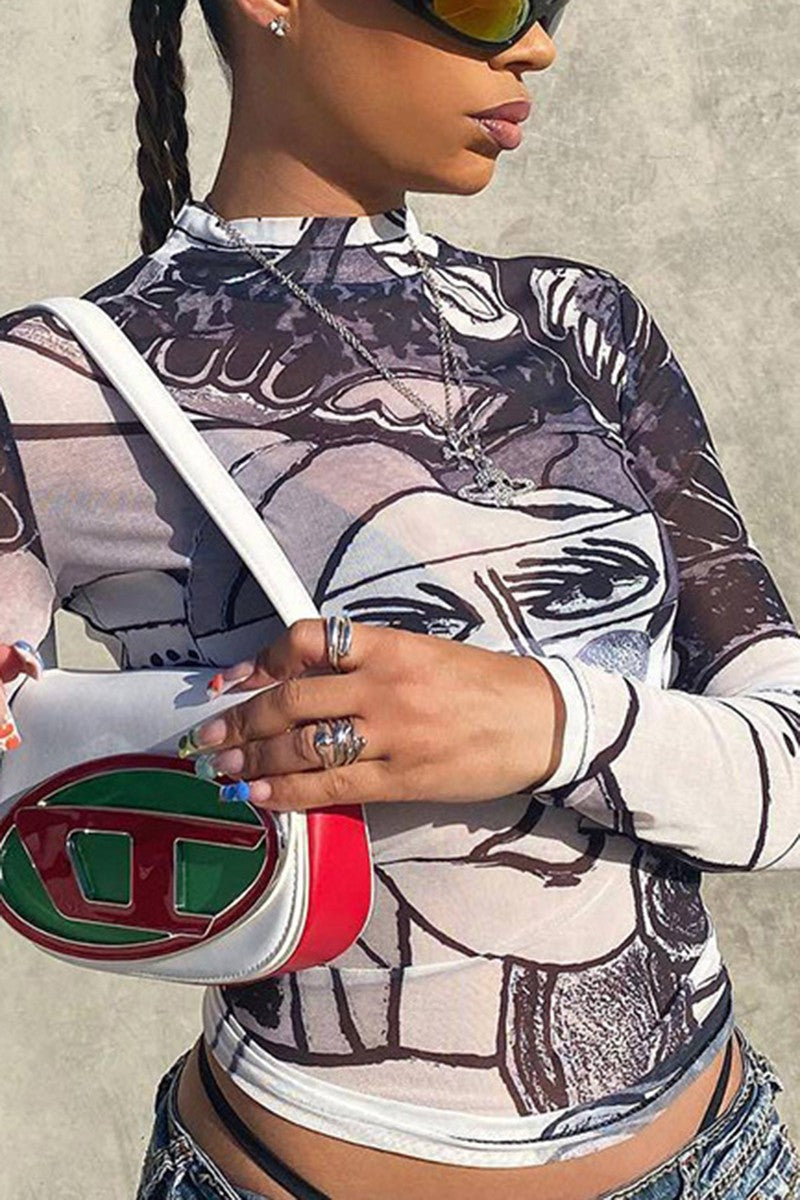 Abstract Print Mock Neck Top