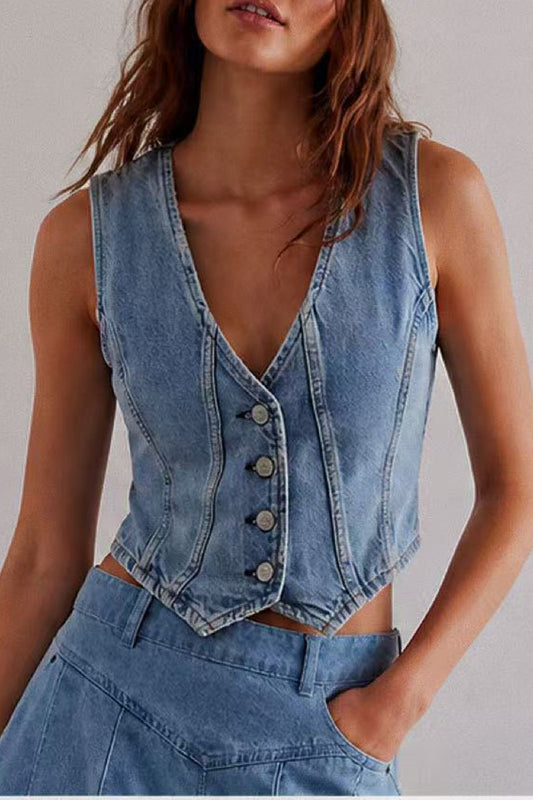Button Front Denim Vest