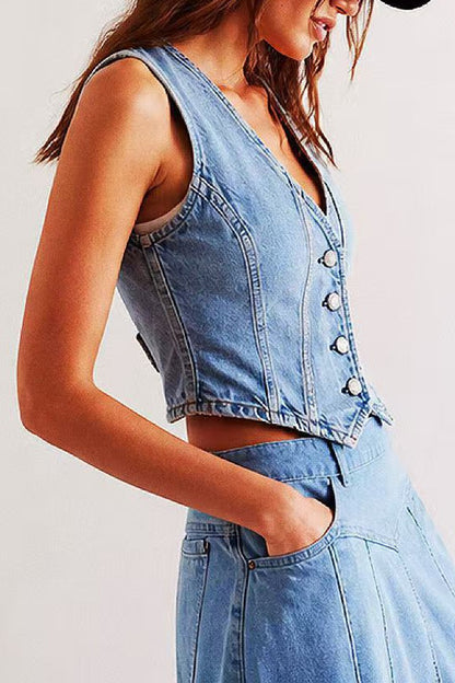 Button Front Denim Vest