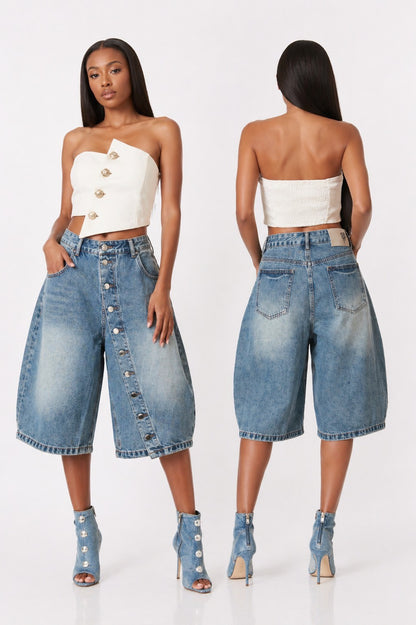 Denim Asymmetrical Button Detail Bermuda Shorts