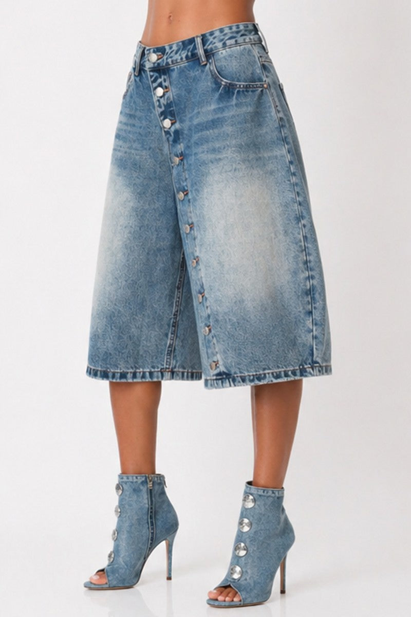 Denim Asymmetrical Button Detail Bermuda Shorts