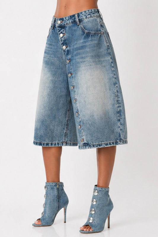 Denim Asymmetrical Button Detail Bermuda Shorts
