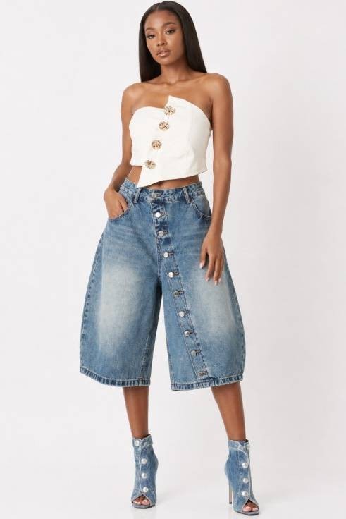 Denim Asymmetrical Button Detail Bermuda Shorts