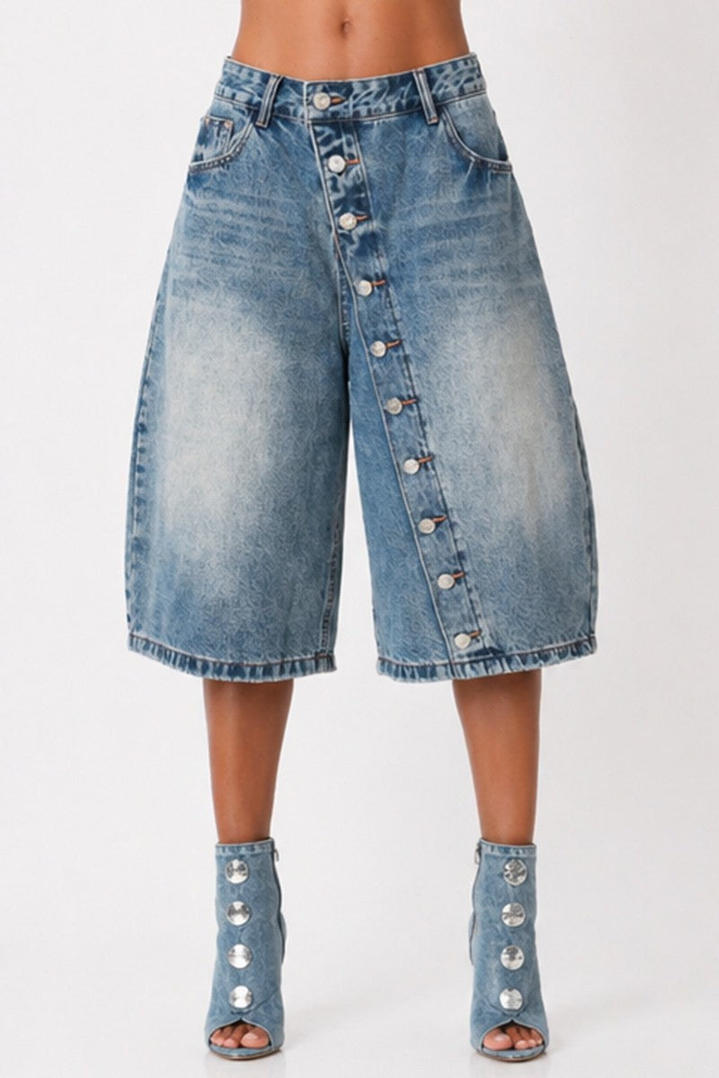 Denim Asymmetrical Button Detail Bermuda Shorts