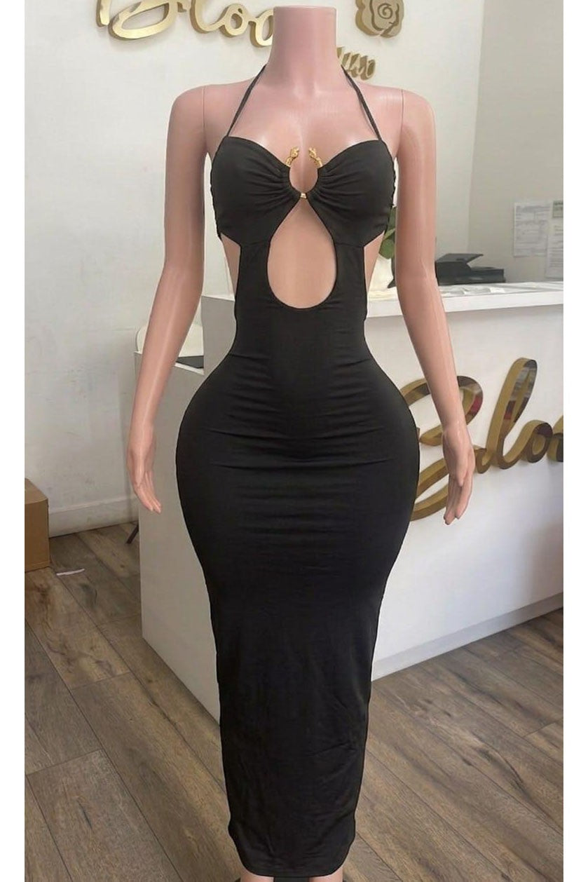 Halter Neck O Ring Front Cut Out Maxi Dress