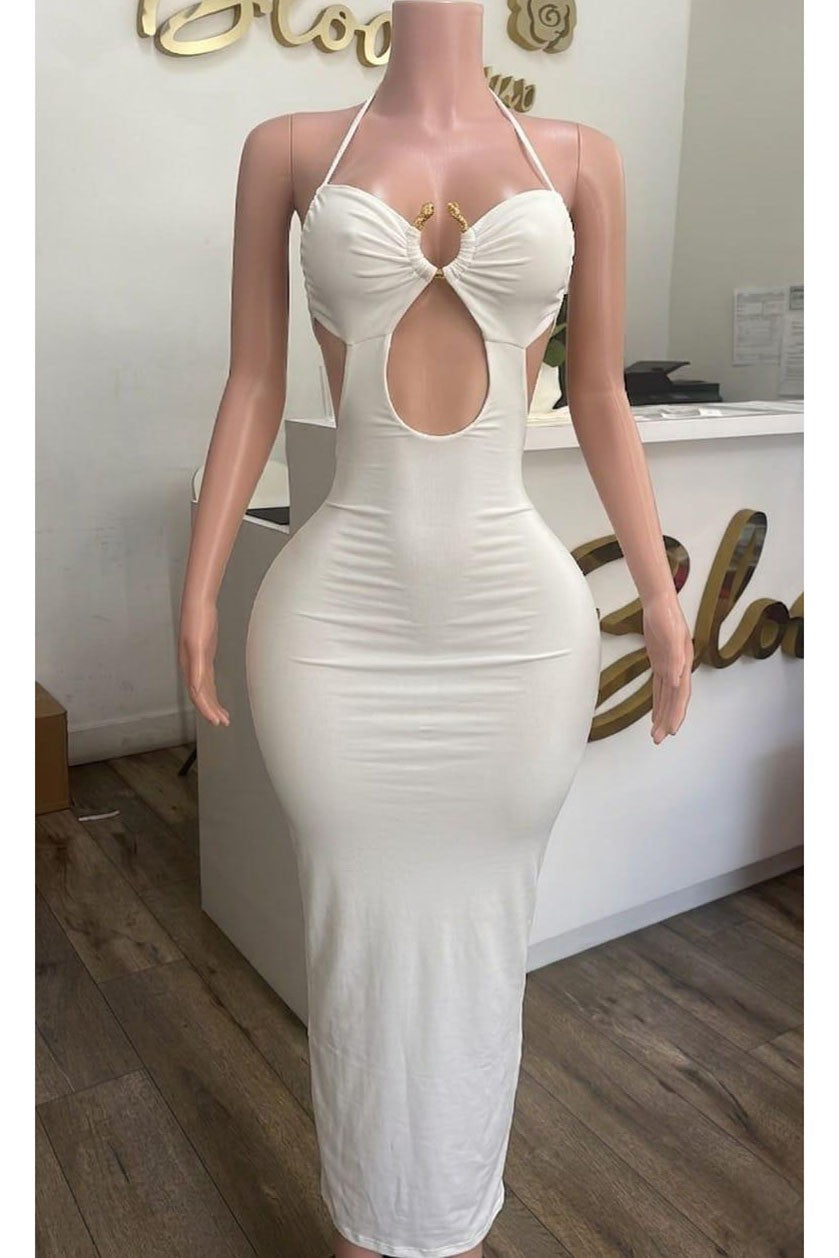 Halter Neck O Ring Front Cut Out Maxi Dress