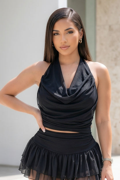 Sleeveless Cowl Halter Neck Blouse With Back Open
