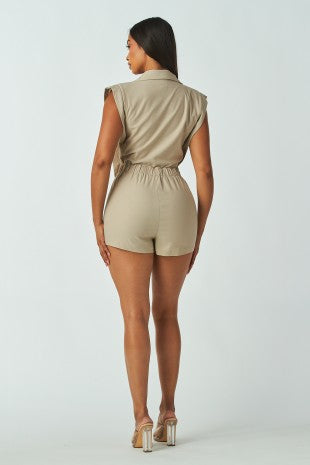 Sleeveless Lapelled Romper With Front Button