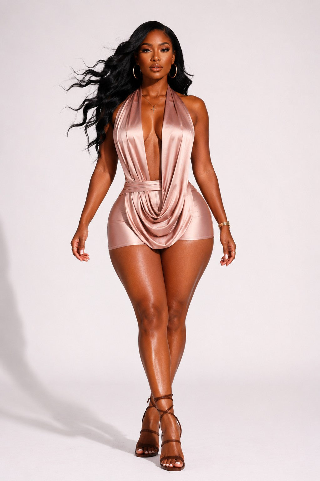 Halter Cowl Neck Open Back Romper