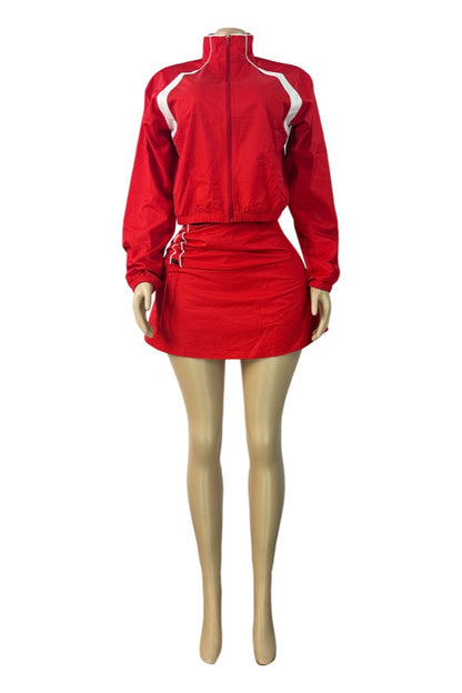Zip Jacket Drawstring Skirt Set
