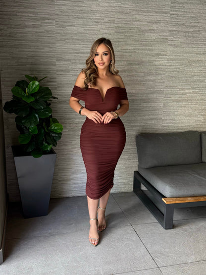 Women's Off Shoulder Ruched Bodycon Midi Dress
