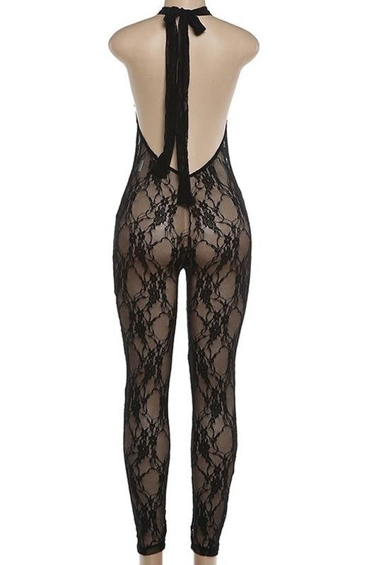 Sheer Lace Halter Full Length Bodysuit