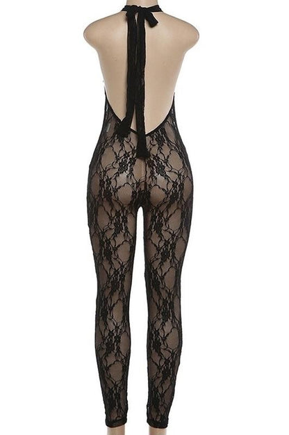 Sheer Lace Halter Full Length Bodysuit