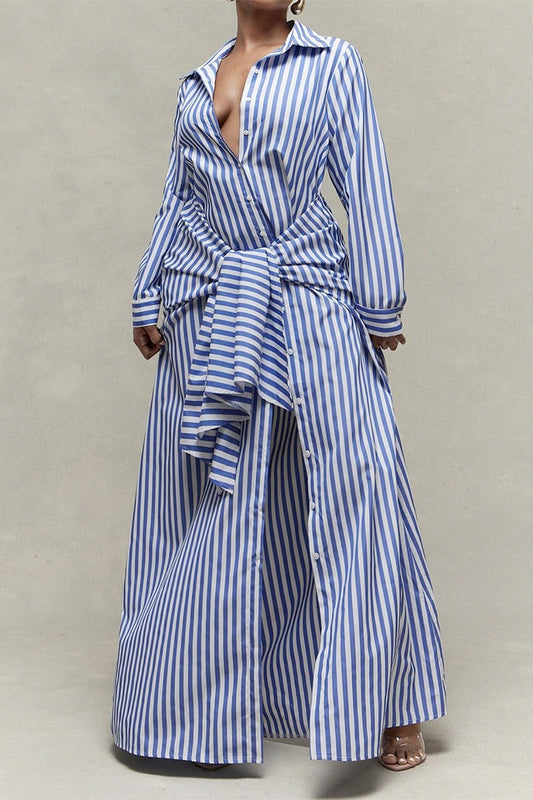 Pinstripe Woven Shirt Tie Waist Maxi Dress