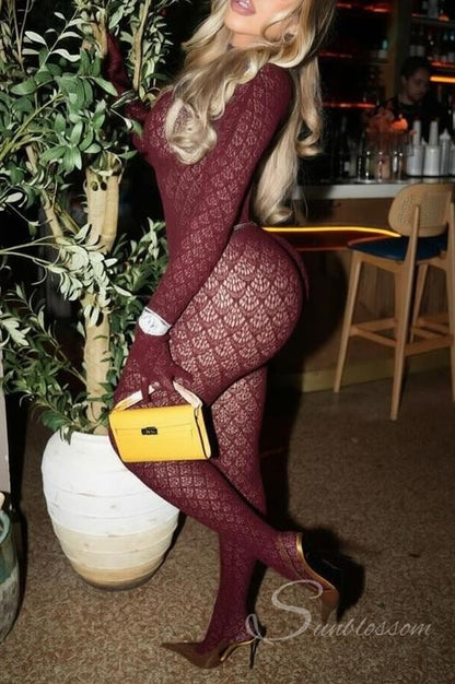 Sheer Scallop Mesh Long Sleeve Bodysuit