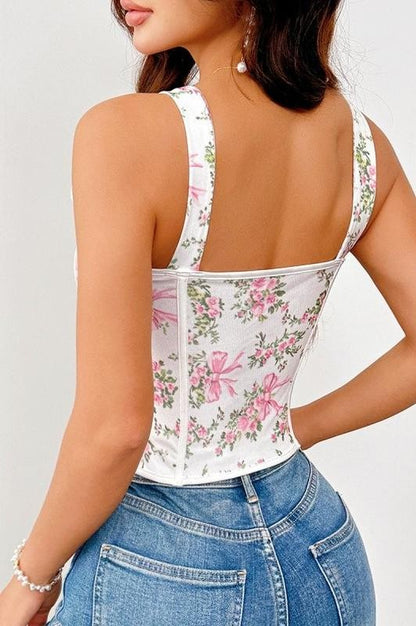 Floral Print Lace-up Corset With Tie Straps