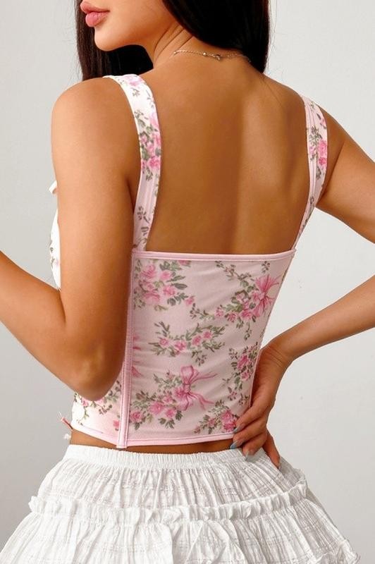 Floral Print Lace-up Corset With Tie Straps