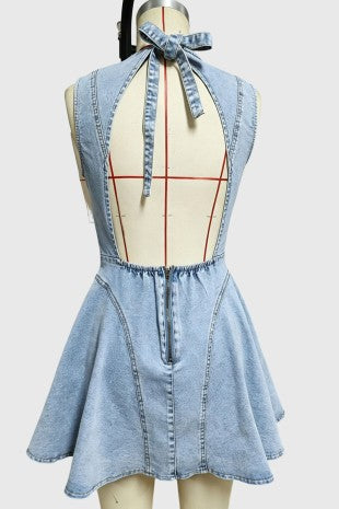 Ruched Sleeveless Denim Mini Dress