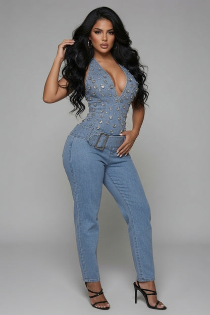 Rhinestone Embellished Halter Neck Jumpsuit – Glamour One-Piece