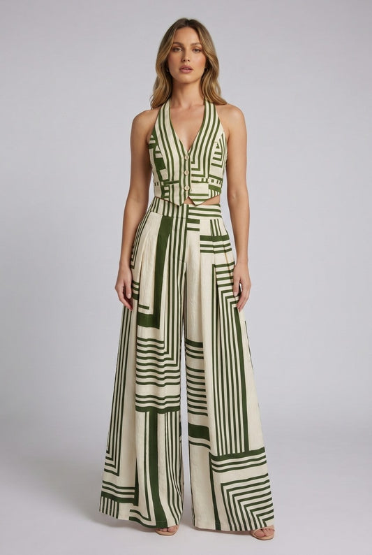 Geometric Stripe Halter Top And Wide Leg Pants Set