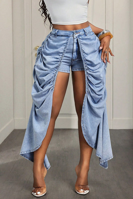 Ruched Side Split High-waist Denim Shorts