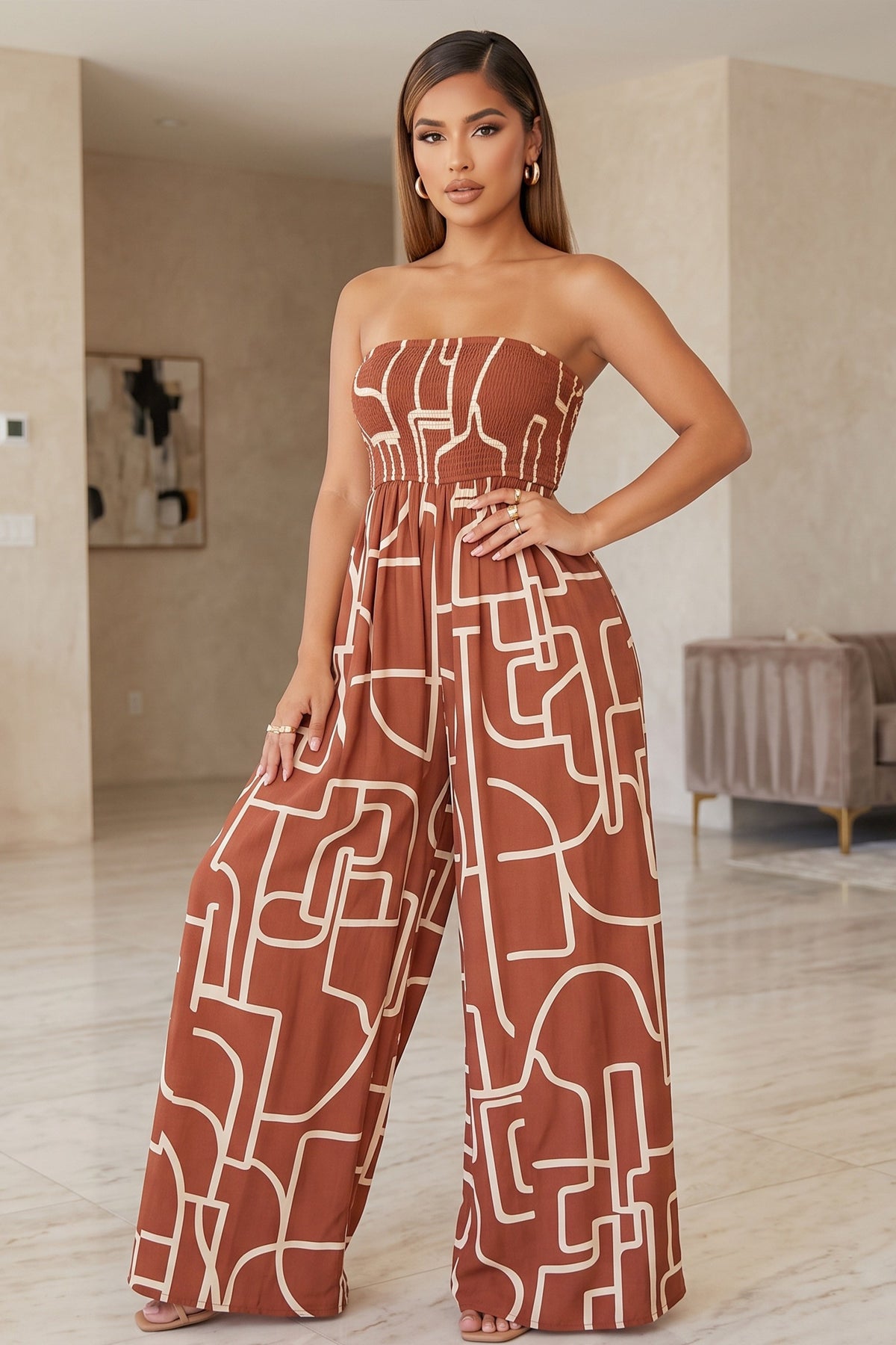 Abstract Printed Smocked Top Wide Leg Strapless Jumpsuit.