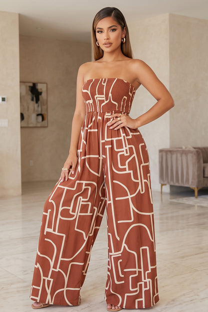 Abstract Printed Smocked Top Wide Leg Strapless Jumpsuit.