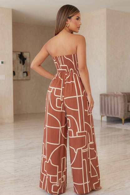 Abstract Printed Smocked Top Wide Leg Strapless Jumpsuit.