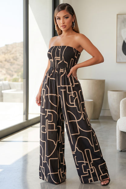 Abstract Printed Smocked Top Wide Leg Strapless Jumpsuit.