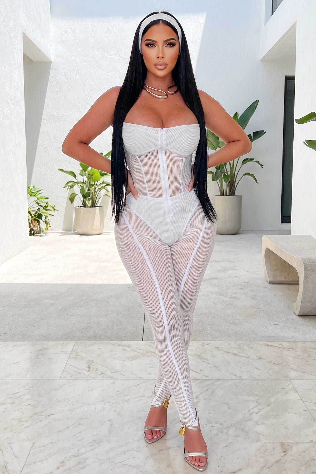 Sleeveless Bodycon Popcorn Mesh Jumpsuit With Lining