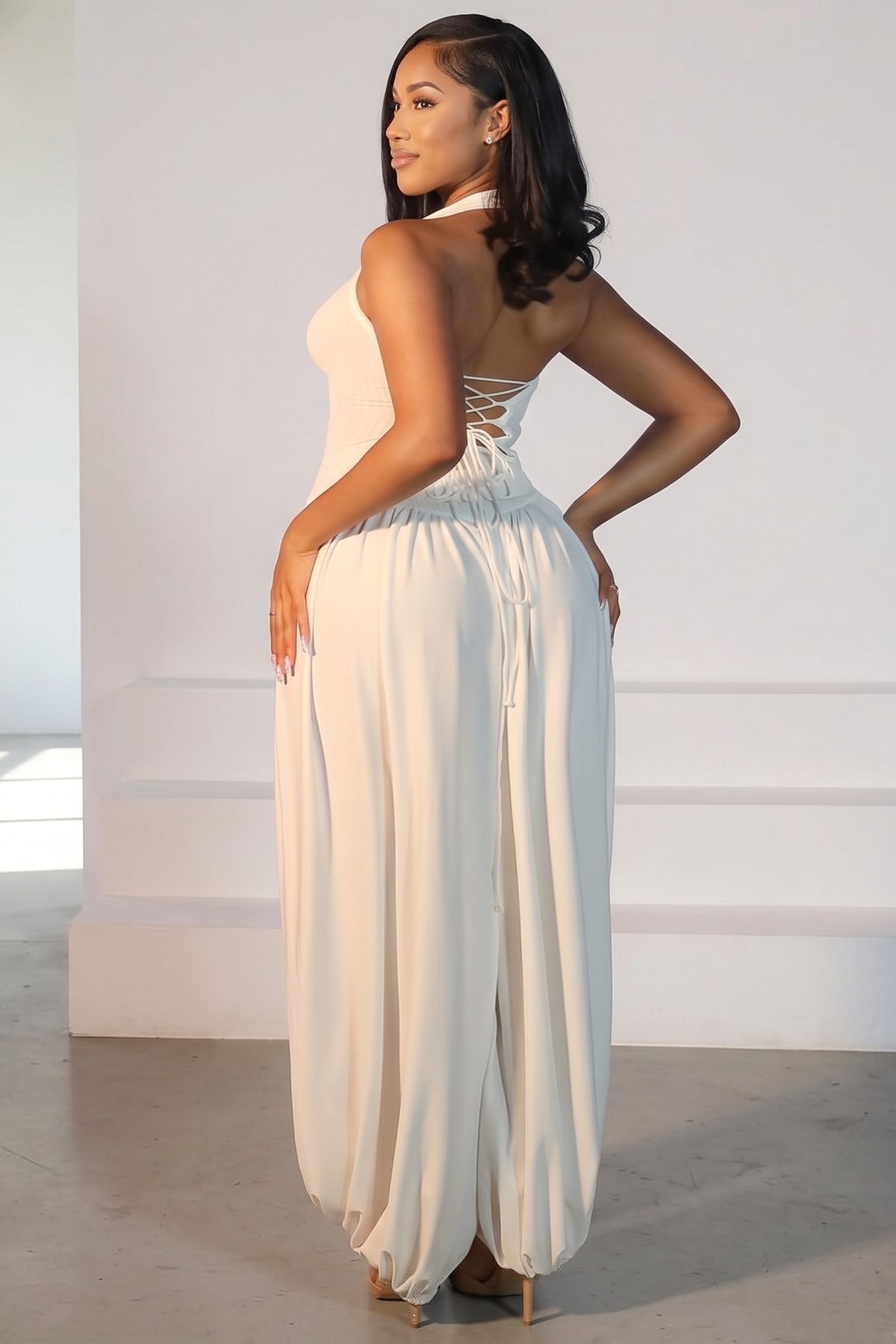 Deep V-neck Halter Aladin Jumpsuit With Back Open