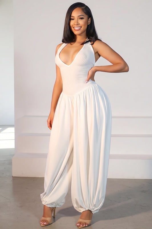 Deep V-neck Halter Aladin Jumpsuit With Back Open