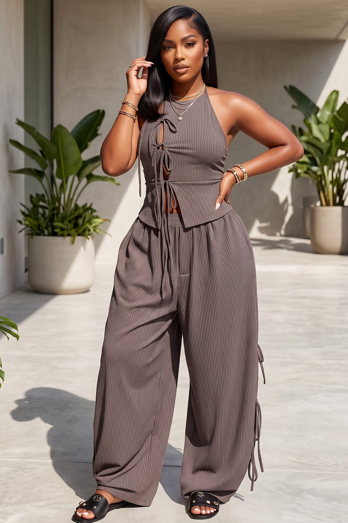 Pin Stripe Halter Neck Lace-up Top And Wide Leg Pant 2pc Set