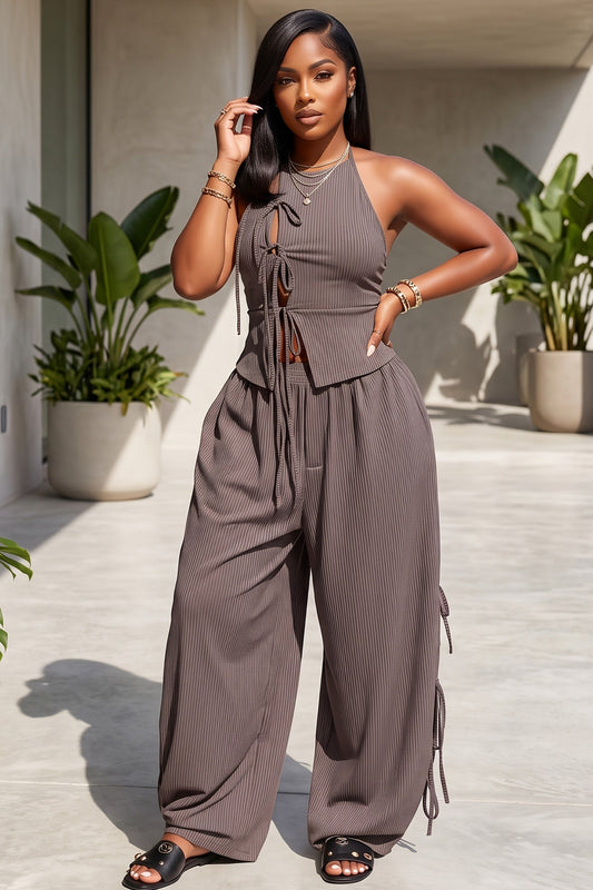 Pin Stripe Halter Neck Lace-up Top And Wide Leg Pant 2pc Set